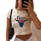 Damen Crop-Top mit kreativem Cow-Motiv und figurbetontem Schnitt R&B