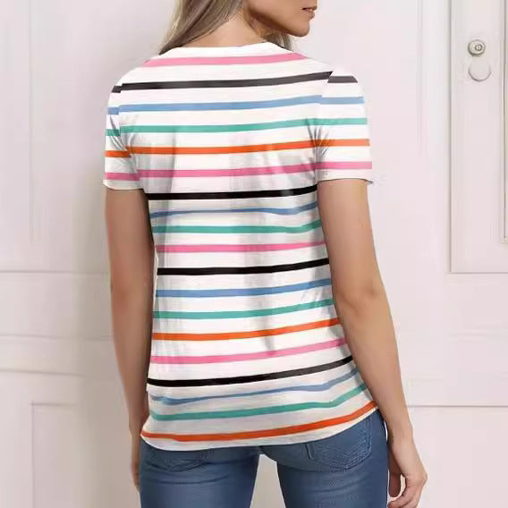 Damen gestreiftes Freizeithemd mit Rundhalsausschnitt und kurzem Arm R&B