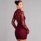 Damen Spitzen Minikleid mit hohem Kragen und schmalen Ärmeln R&B