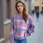 Damen lässiger Strickpullover mit modernem Lochmuster und voluminösen Ärmeln R&B