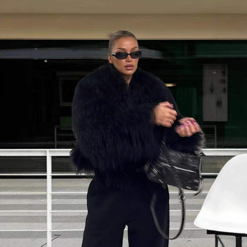 Damen Luxuriöse Felljacke mit voluminösen Ärmeln und elegantem Schnitt R&B