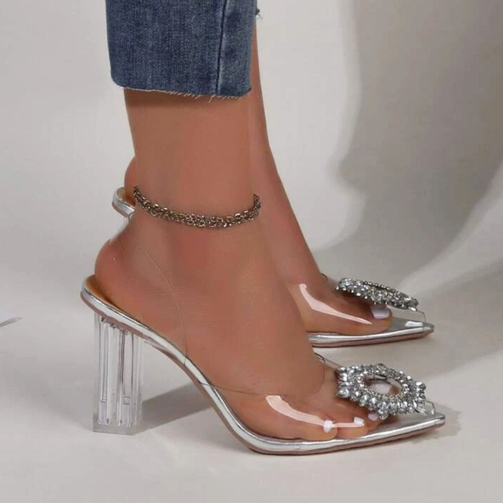 Damen elegante transparente Mules mit glitzerndem Schmuck-Riemen R&B