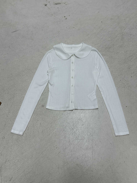 Damen Langarm-Crop-Top mit stilvollem Kragen und Knopfleiste R&B
