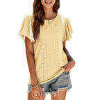 Damen T-Shirt mit eleganten Volantärmeln und durchbrochenem Design R&B