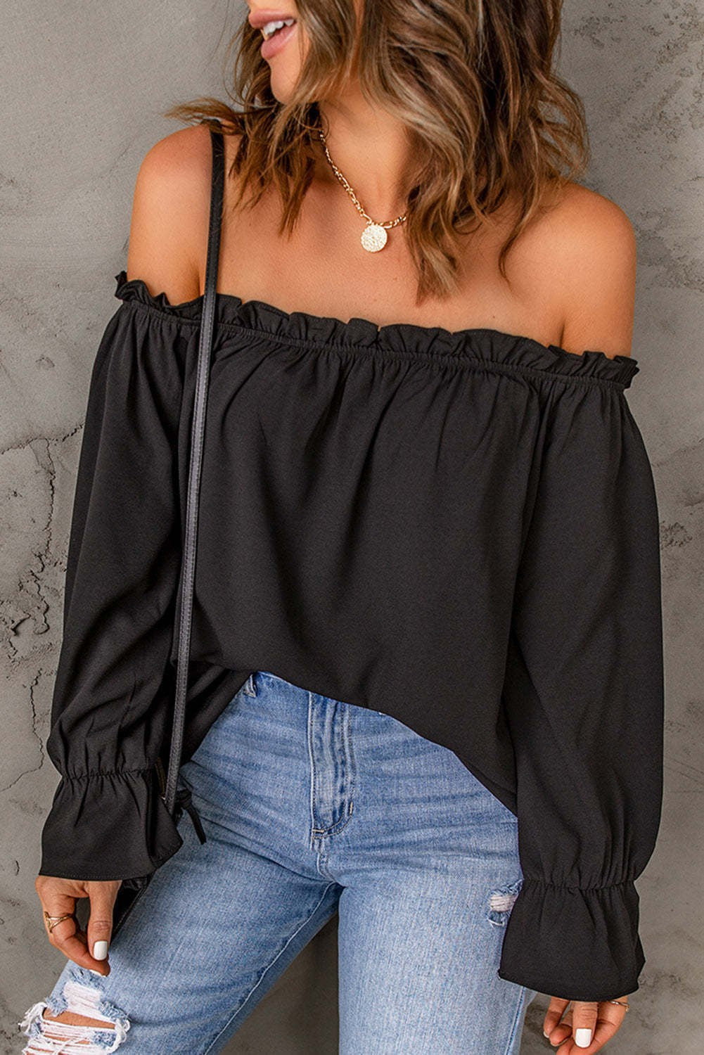 Damen Off-Shoulder Bluse mit Raffungen und weiten Ärmeln R&B