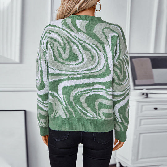 Damen gemusterter Strickpullover mit modernem Wellenmuster und Rundhalsausschnitt R&B