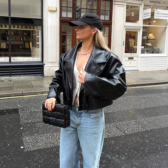 Damen modische Kunstlederjacke mit oversized Schnitt R&B