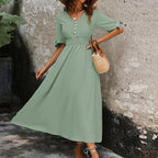 Damen Maxikleid mit schickem V-Ausschnitt und elastischem Taillenband R&B