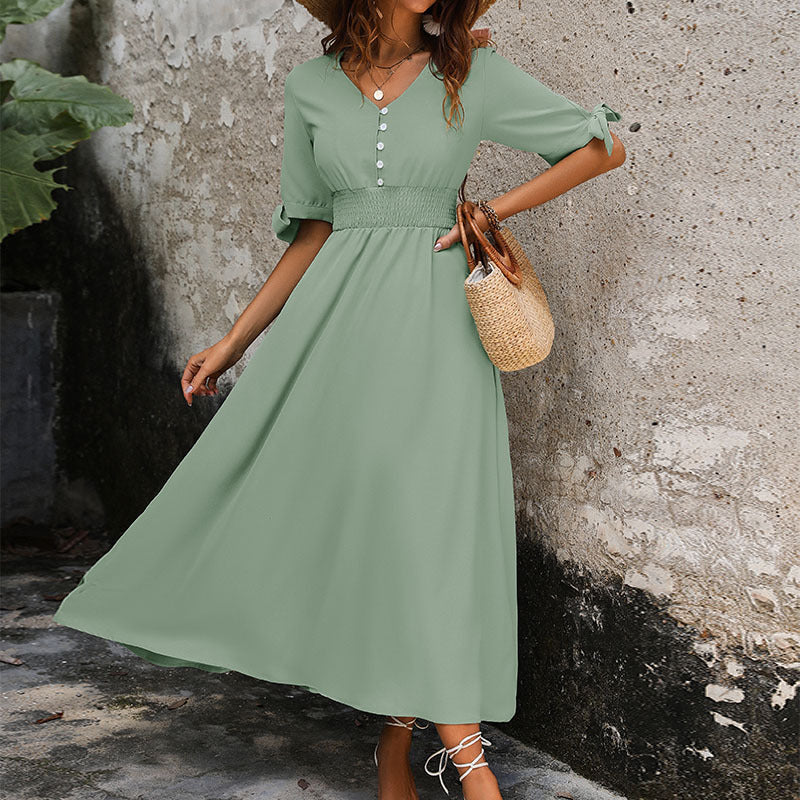 Damen Maxikleid mit schickem V-Ausschnitt und elastischem Taillenband R&B