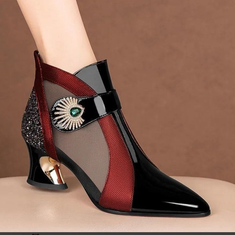 Damen nan elegante Netzstoff-Stiefelette mit Schmuckbesatz und geschwungenem Absatz R&B