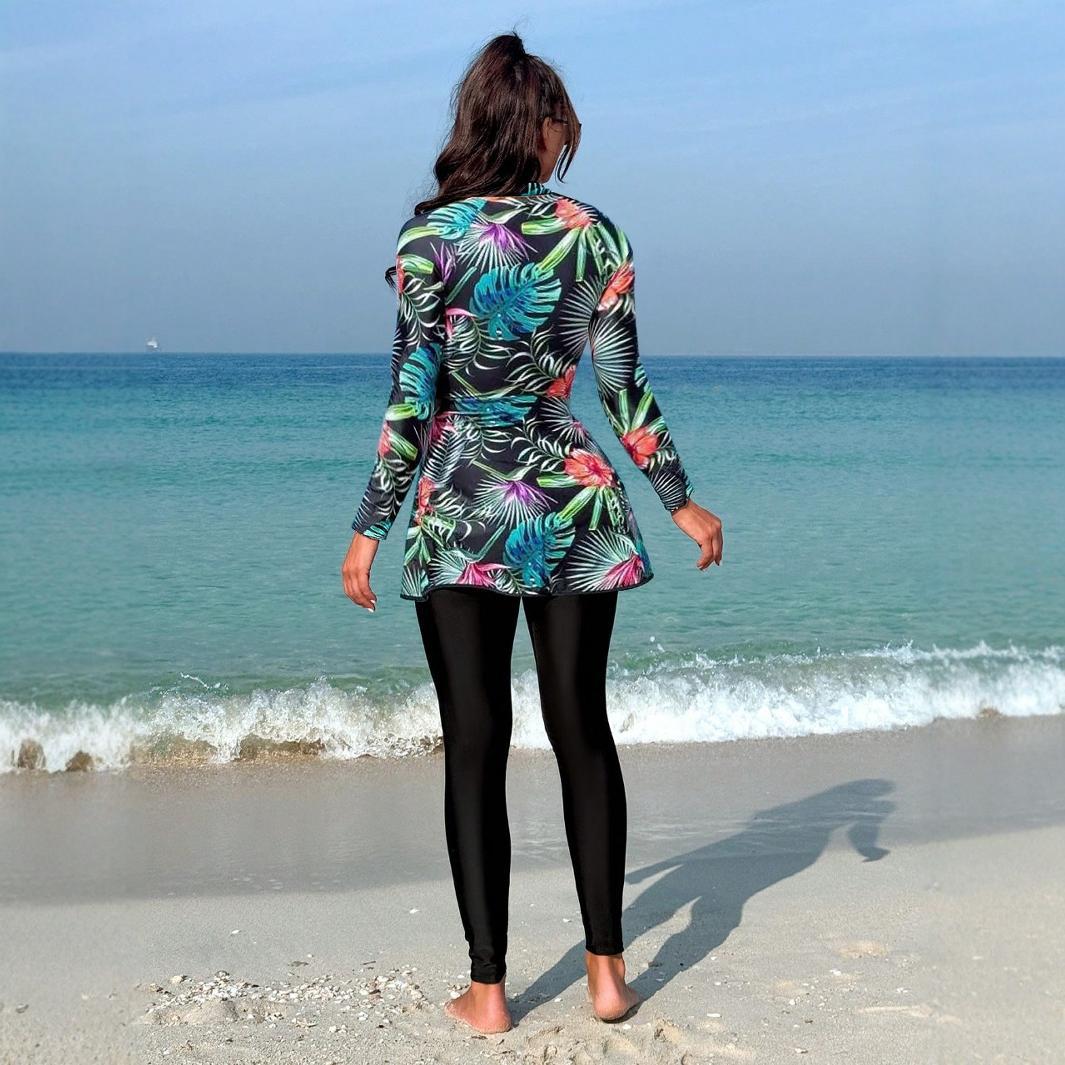 Damen Sportlicher Langarm-Badeanzug mit schwingendem Rock R&B
