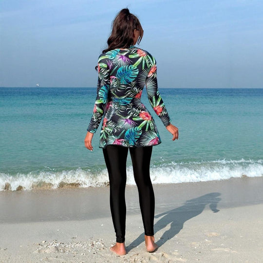 Damen Sportlicher Langarm-Badeanzug mit schwingendem Rock R&B