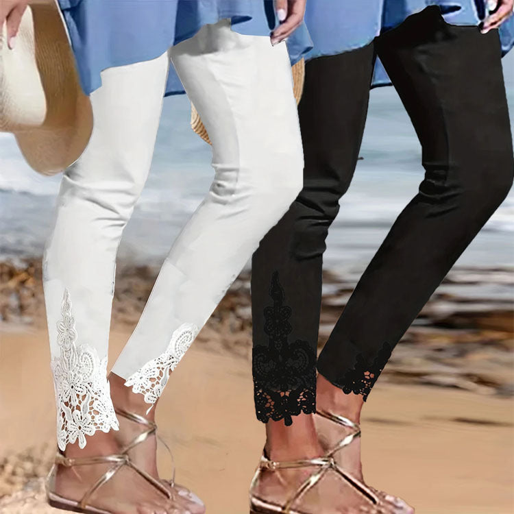 Damen Leggings mit spitzenbesetztem Saum und elastischem Bund R&B