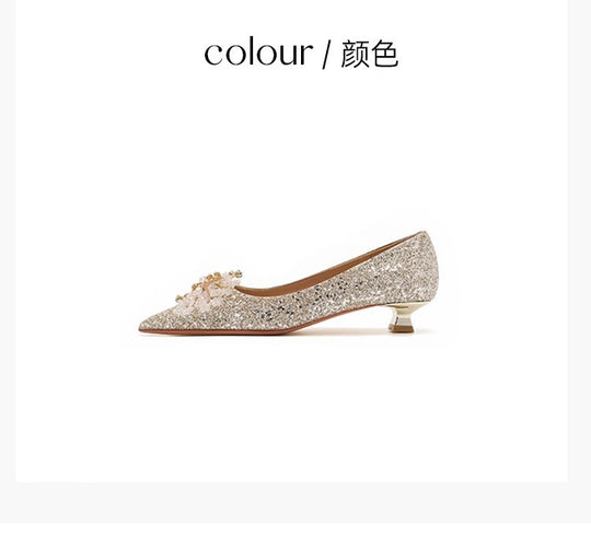 Damen Elegante Ballerinas mit funkelndem Schmuckdetail und stabilem Blockabsatz R&B