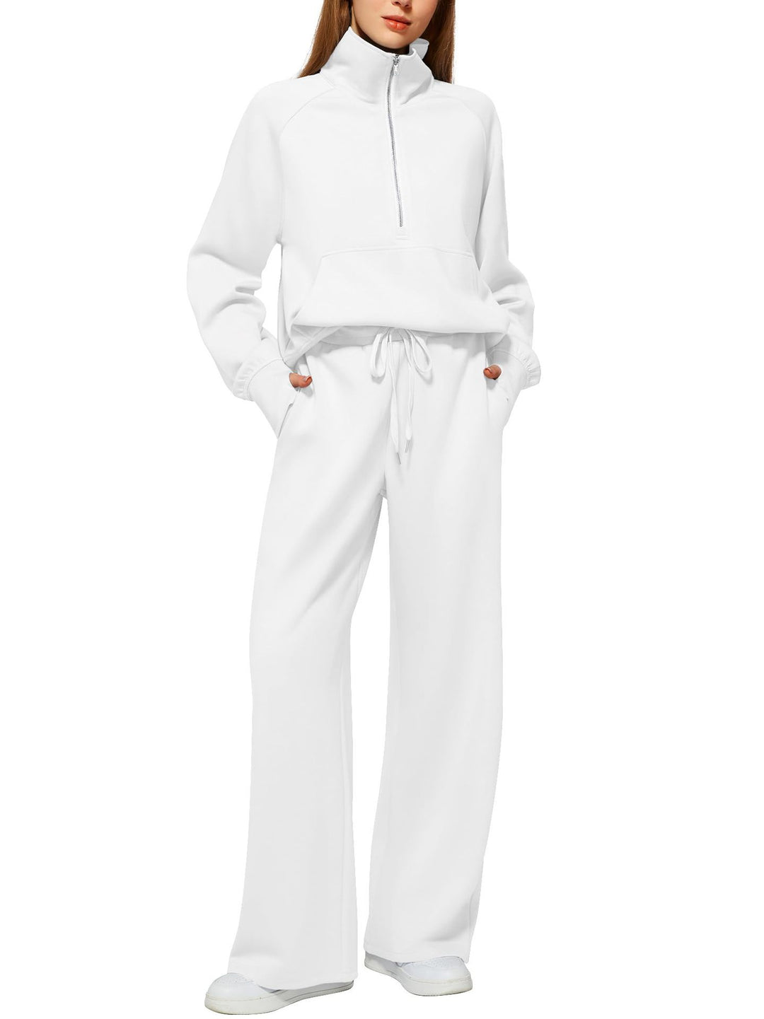 Damen Freizeit Sweatpants-Anzug mit hohem Kragen und Kängurutasche R&B