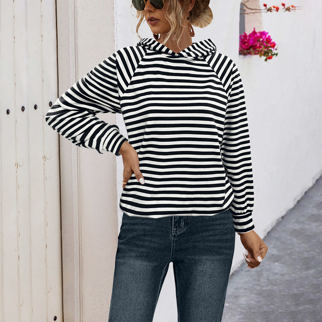 Damen gestreifter Kapuzensweater mit lässigem Schnitt und Raglanärmeln R&B