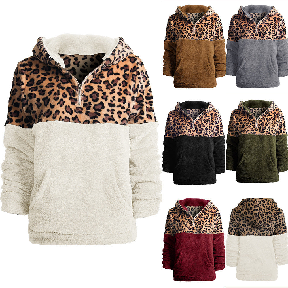 Damen kuscheliger Kapuzenpullover mit aufregendem Leopardenmuster und Kängurutasche R&B