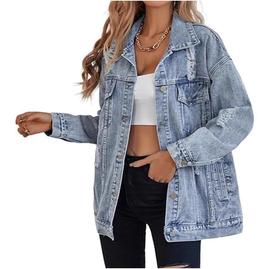 Damen lässige Oversized Jeansjacke mit distressed Details und hochwertigen Metallknöpfen R&B