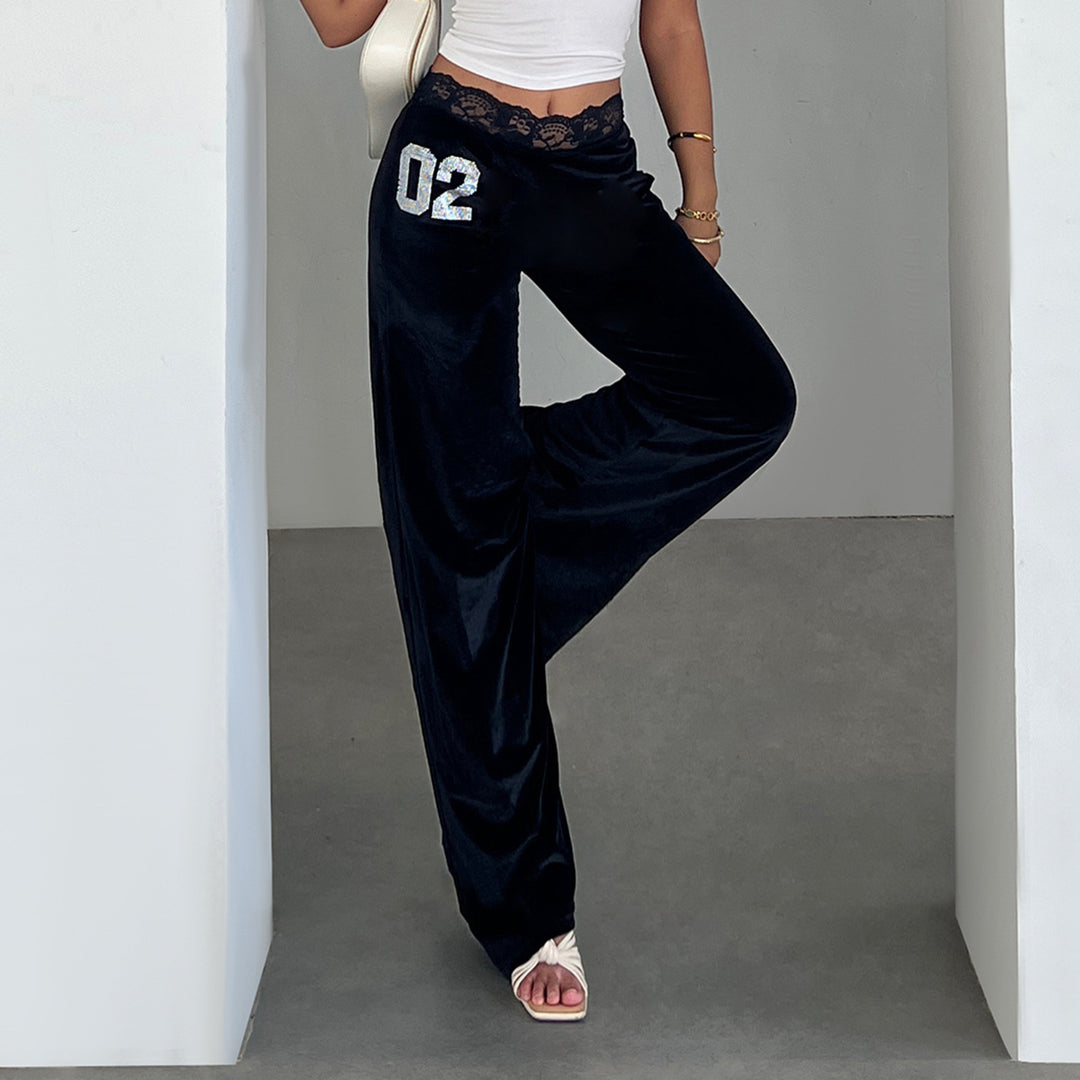 Damen elegante Flared-Hose aus weichem Material mit Spitzenbund und Glitzerakzenten R&B