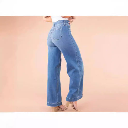 Damen weite High-Waist Jeans mit eleganter Schnittführung und markanten Nahtdetails R&B