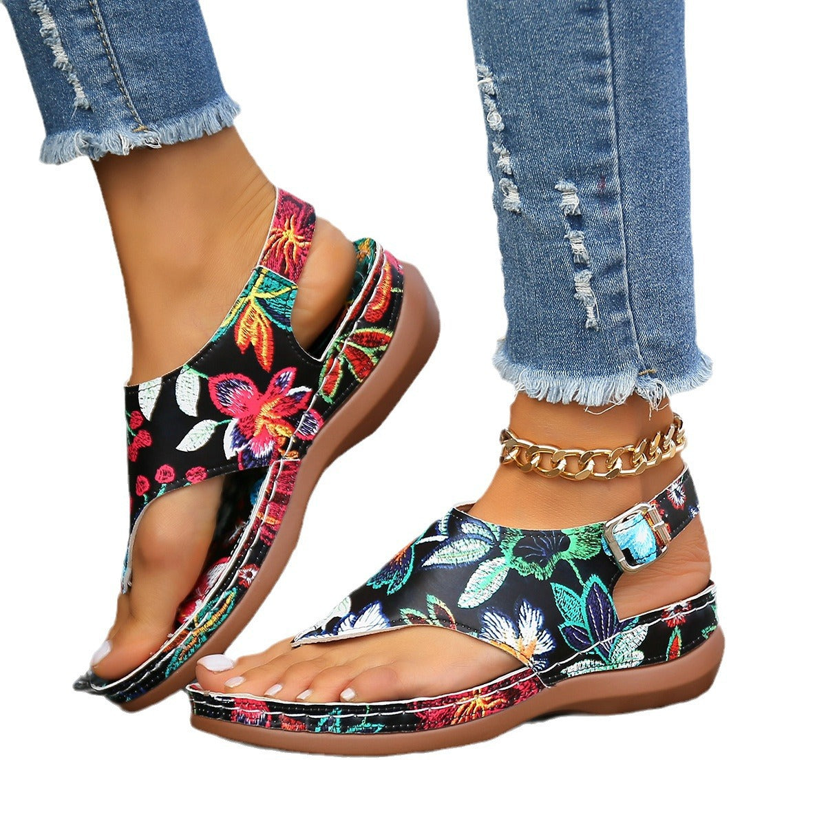 Damen Floral Zehentrenner-Sandaletten mit verstellbarem Riemendesign und ergonomischem Fußbett R&B