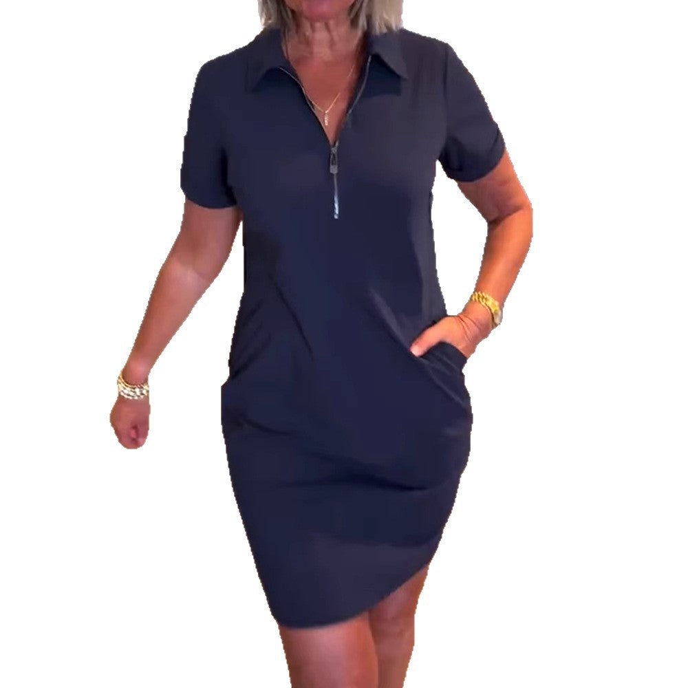 Damen nan legeres Polokleid mit Reißverschlusskragen, kurzen Ärmeln und praktischen Eingrifftaschen R&B