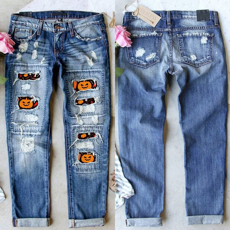 Damen Destroyed Jeans mit einzigartigen Halloween-Designs R&B