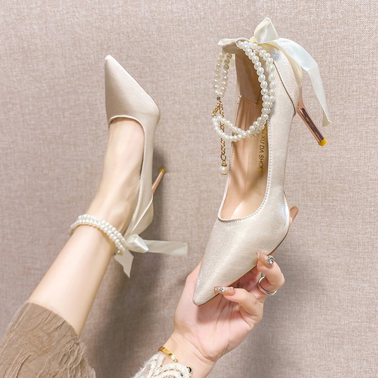 Damen Spitzenhigh Heels mit Perlenakzenten und elegantem Schleifenverschluss R&B