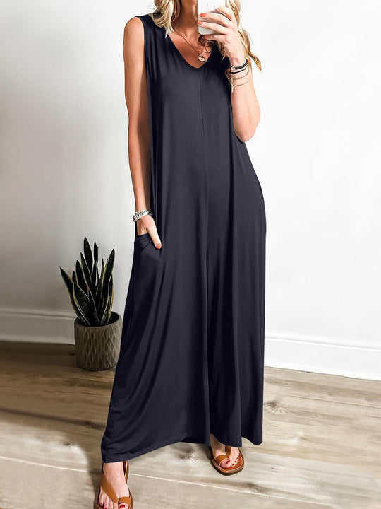 Damen ärmelloses Maxikleid mit seitlichen Taschen und fließender Silhouette R&B