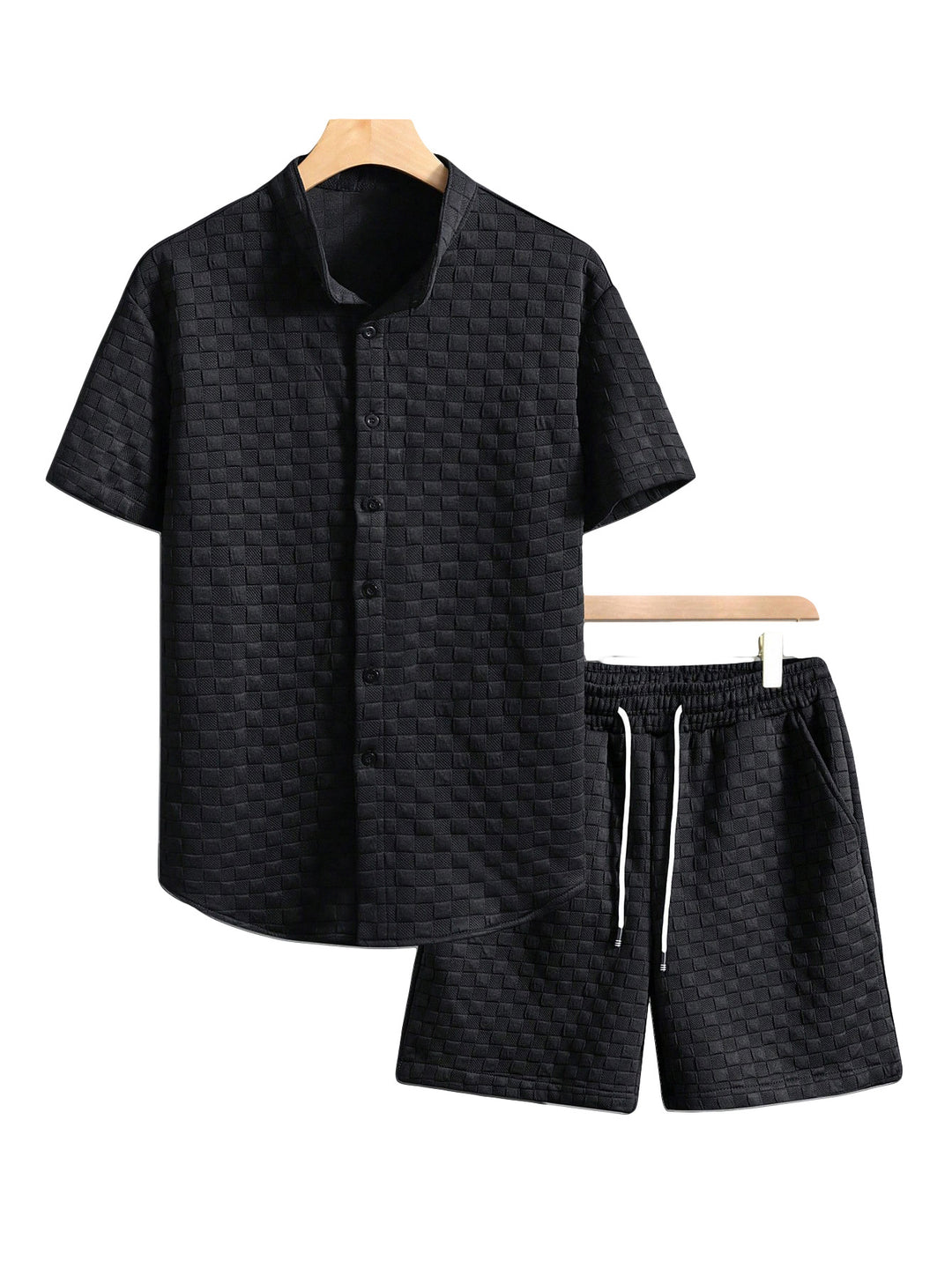 Herren nan zweiteiliges Sommerensemble mit Stehkragen-Hemdjacke und elastischen Komfort-Shorts in geprägter Karo-Textur R&B