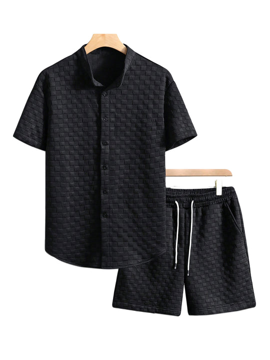Herren nan zweiteiliges Sommerensemble mit Stehkragen-Hemdjacke und elastischen Komfort-Shorts in geprägter Karo-Textur R&B