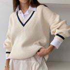 Damen Strickpullover mit V-Ausschnitt und Ballonärmel R&B