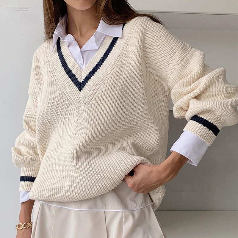 Damen Strickpullover mit V-Ausschnitt und Ballonärmel R&B