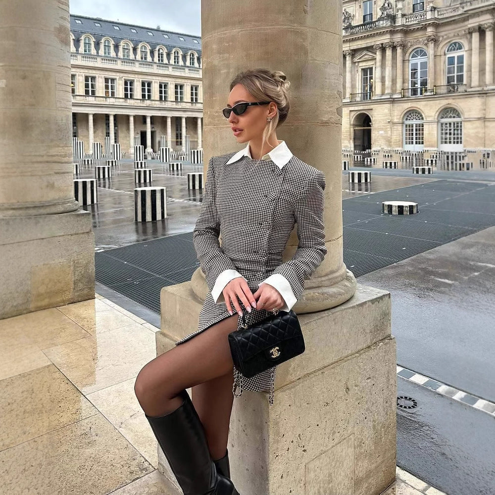 Damen Karomuster Blusenjacke mit Schalkragen und Knopfdetails R&B