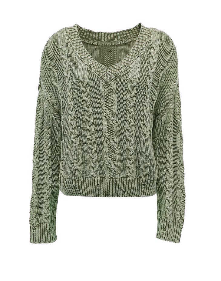 Damen Grob gestrickter Pullover mit V-Ausschnitt und voluminösen Ärmeln R&B