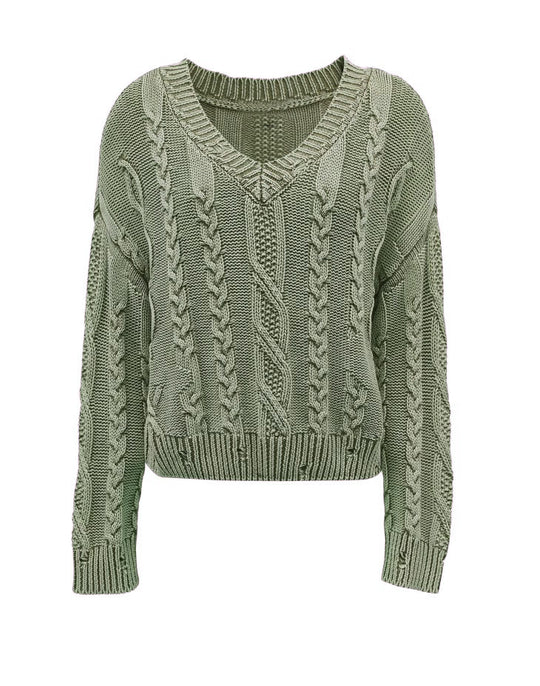 Damen Grob gestrickter Pullover mit V-Ausschnitt und voluminösen Ärmeln R&B