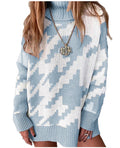 Damen Grobstrickpullover mit hohem Kragen und modernem geometrischen Muster R&B