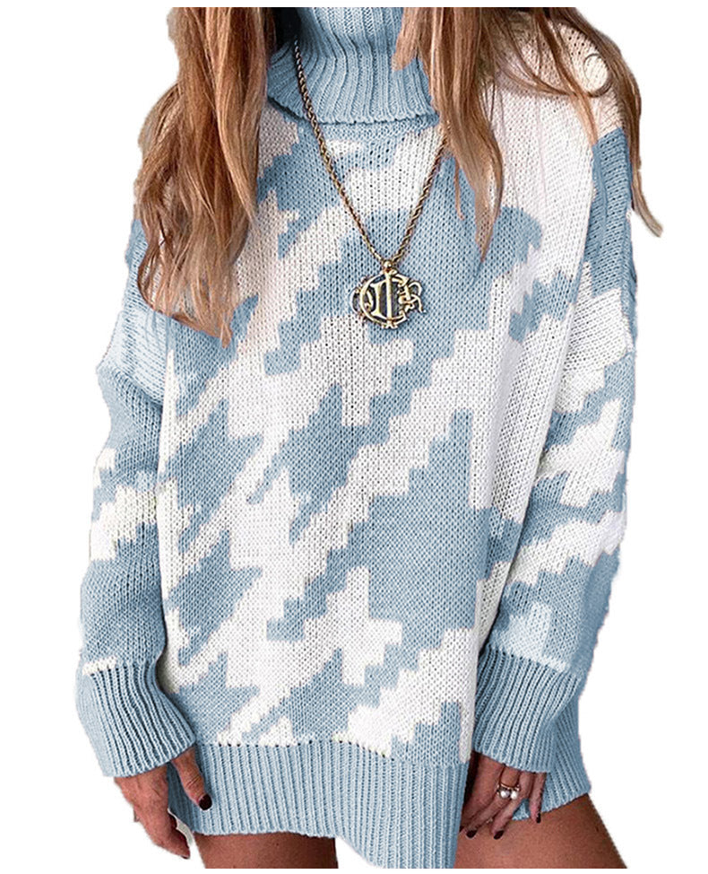Damen Grobstrickpullover mit hohem Kragen und modernem geometrischen Muster R&B