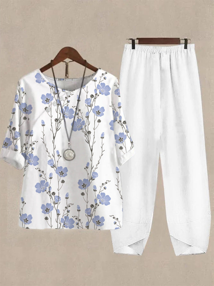Damen Freizeit Oberteil mit floralem Muster und bequemer Hose R&B