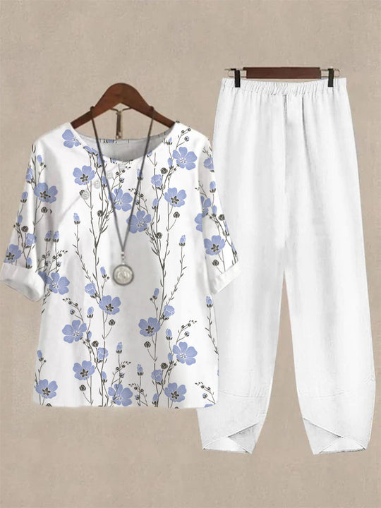 Damen Freizeit Oberteil mit floralem Muster und bequemer Hose R&B