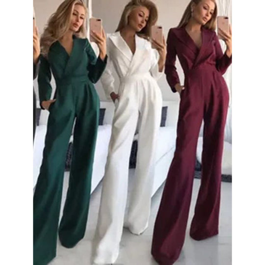 Damen eleganter Jumpsuit mit langem Bein und klassischem Schauspielkragen R&B