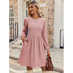 Damen Casual Langarm Plissee Kleid
