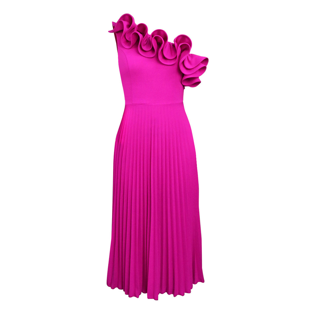 Damen Midi-Kleid mit schulterfreiem Design und voluminösen Rüschen R&B