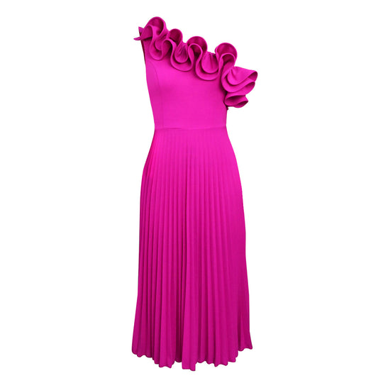 Damen Elegantes Midi-Kleid mit asymmetrischem Rüschen-Ausschnitt R&B