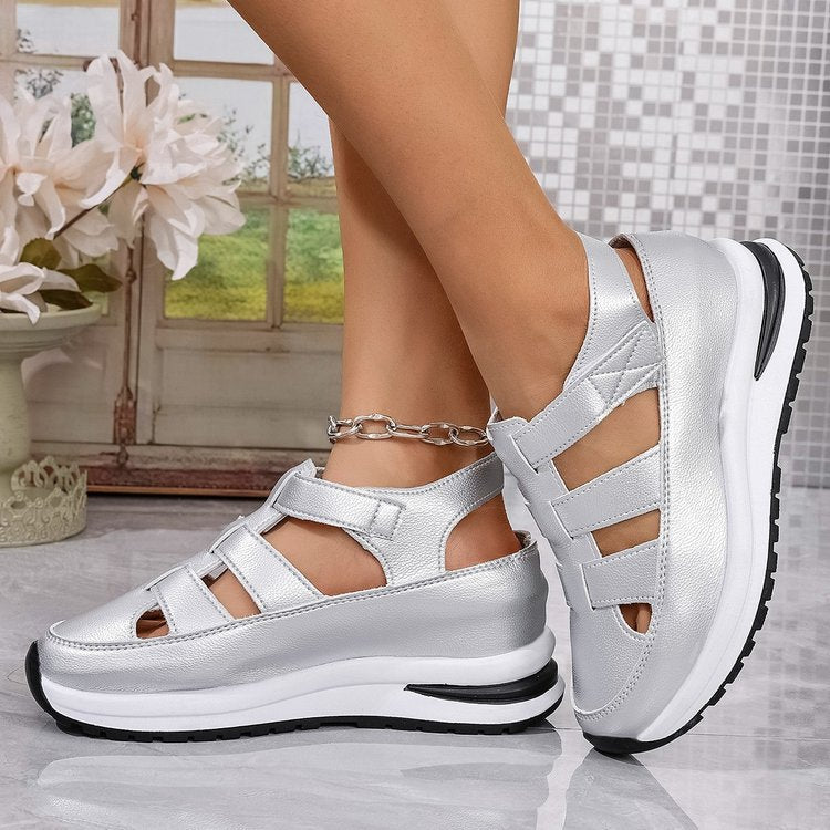 Damen nan geschlossene Riemchensandalette mit ergonomischer Keilplattform, verstellbarem Klettverschluss und rutschfester Profilsohle R&B