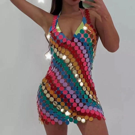 Damen Glamouröses Pailletten-Kleid mit tiefem V-Ausschnitt und funkelndem Design R&B