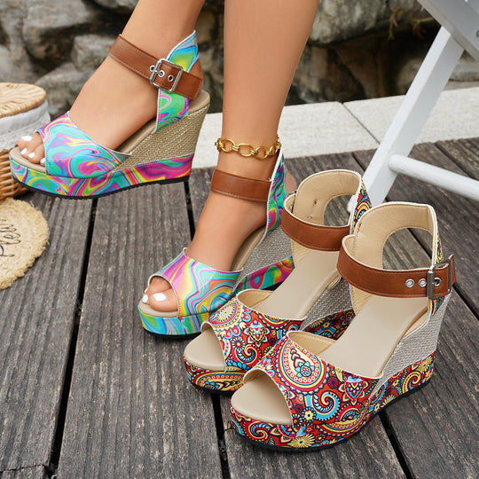 Damen Wedge-Sandaletten mit buntem Marmormuster und verstellbarem Riemen R&B