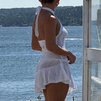 Damen luftiges Strandkleid mit feinem Häkelmuster und voluminösem Saum R&B