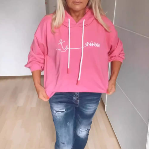 Damen nan lässiger Kapuzenpullover mit minimalistischer Liniengrafik, Kordelzug und geripptem Saum R&B
