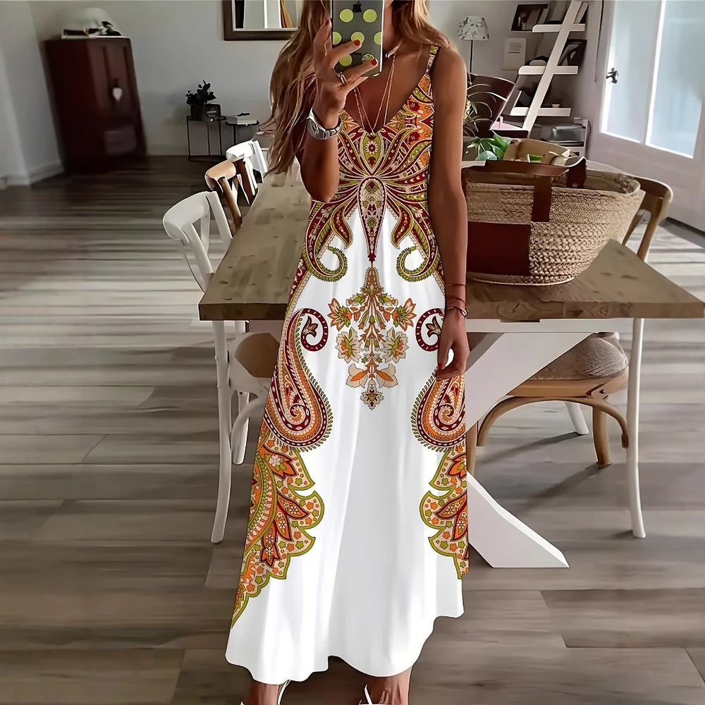 Damen Maxi-Kleid mit geschwärztem Paisley-Muster und elegantem V-Ausschnitt R&B